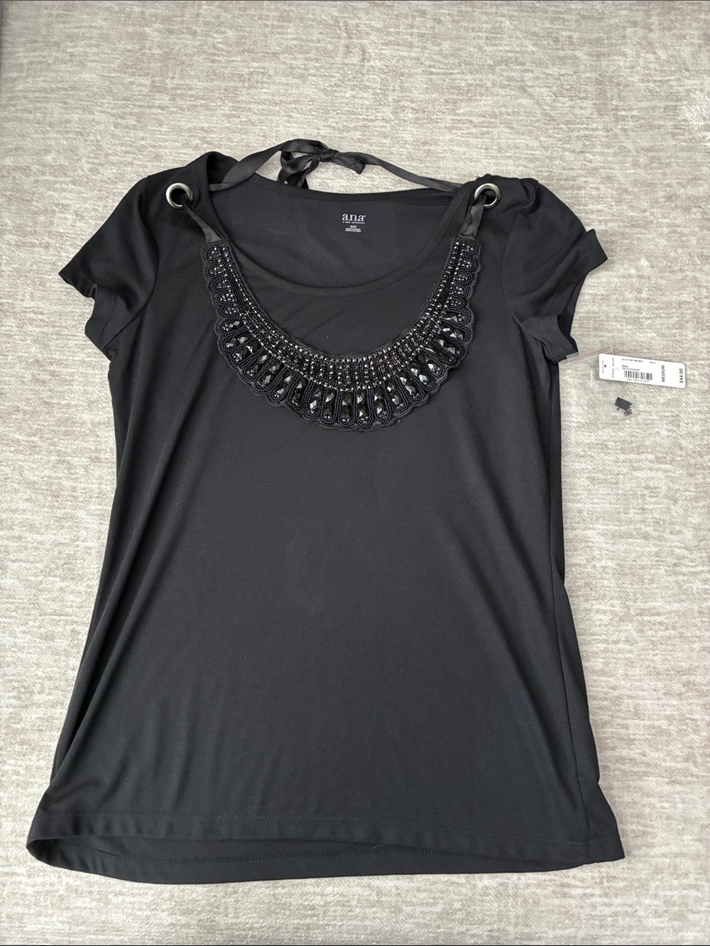a.n.a Black Short Sleeve Scoop Neck Top with Beaded Trim